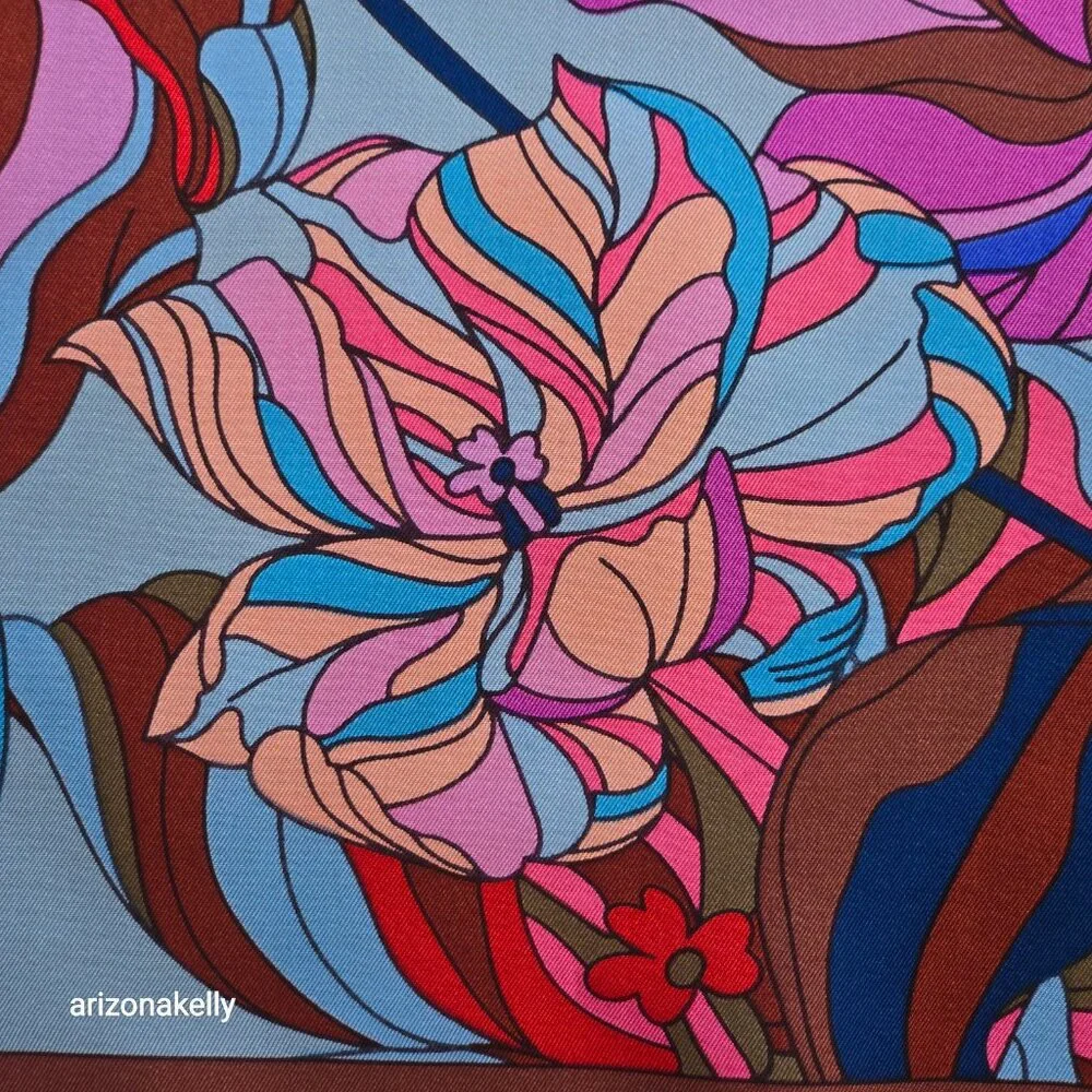 Eleganzza Silk Twill Scarf Floral Hand Rolled Edges